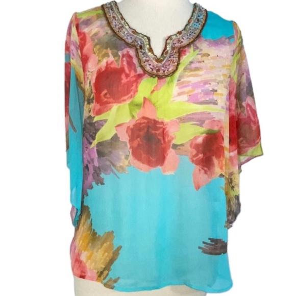 Mushka by Sienna Rose Floral Sequin Sheer Top Elbow Length Sleeves Size XL - Picture 1 of 7